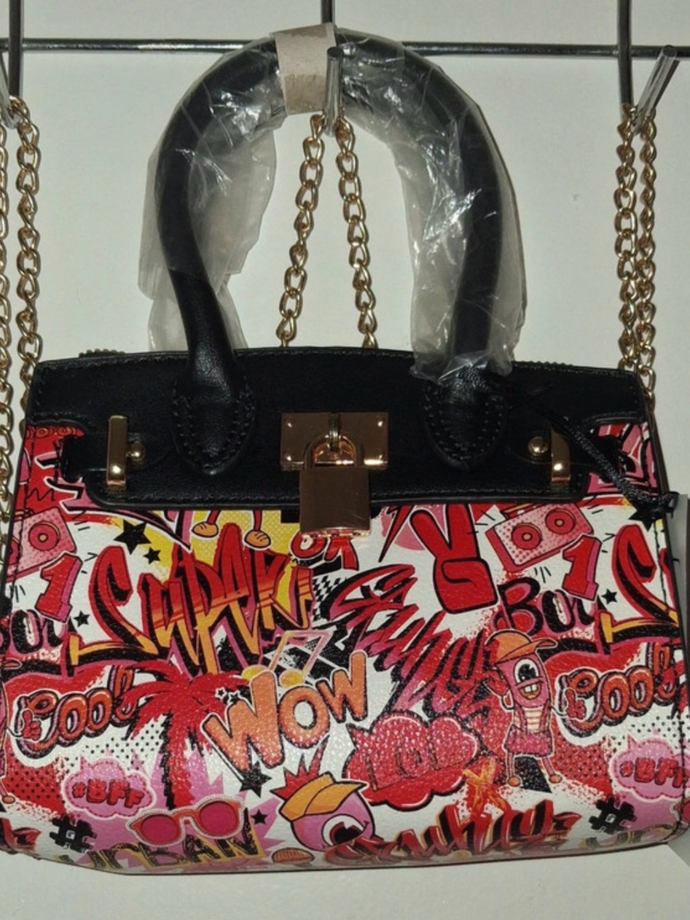 Graphic Print Satchel Handbag - Black & Multicolor